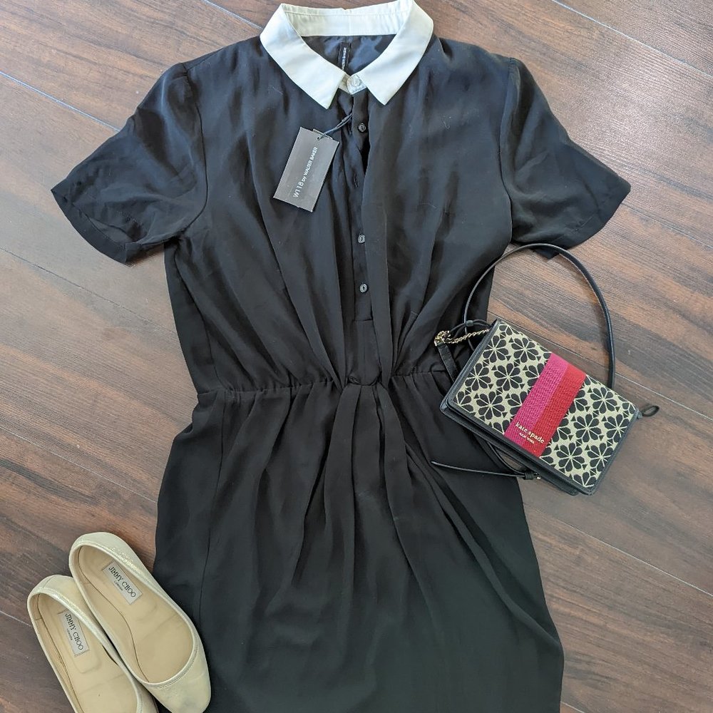 W118 Walter Baker black fit and flare dress with white point collar, size small